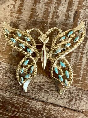 Vintage Gerry’s Gold Tone and Light Turquoise Colored Butterfly Brooch / Pendant
